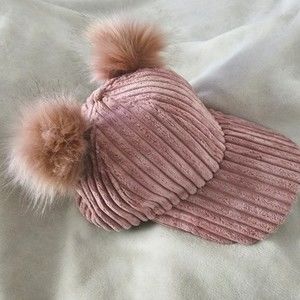 Minky Faux Striped Suede Baseball Cap Hat w/ 2 Fur Pompoms Light Lilac
